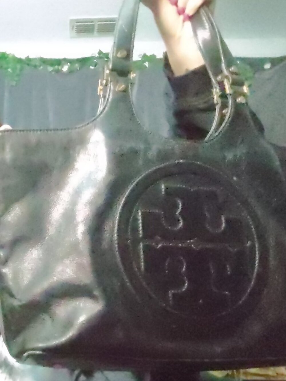 Tory Burch Black Leather Shoulder Tote with Logo Medallion